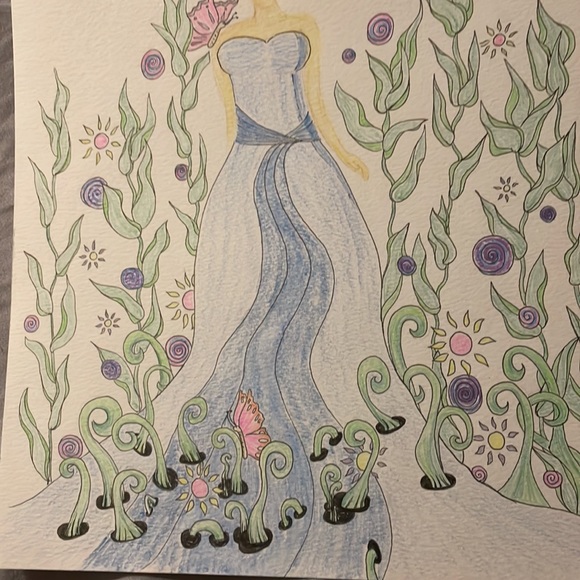 Unframed Original Art Watercolour & Pencil Crayon Whimsical Beauty in Garden - Picture 5 of 6
